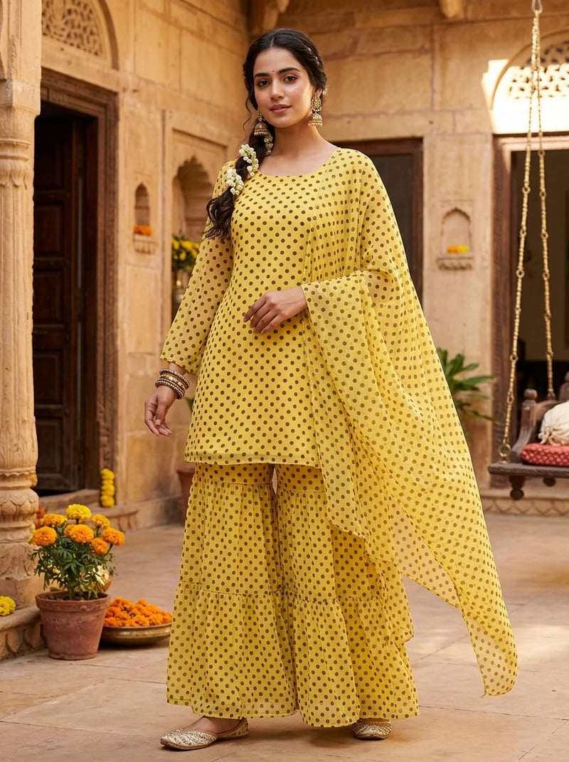 Yellow and Brown Classic Polka Dot Weightless Digital Printed Fabric