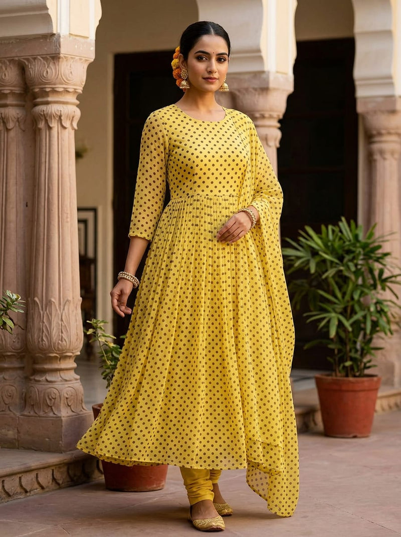 Yellow and Brown Classic Polka Dot Weightless Digital Printed Fabric