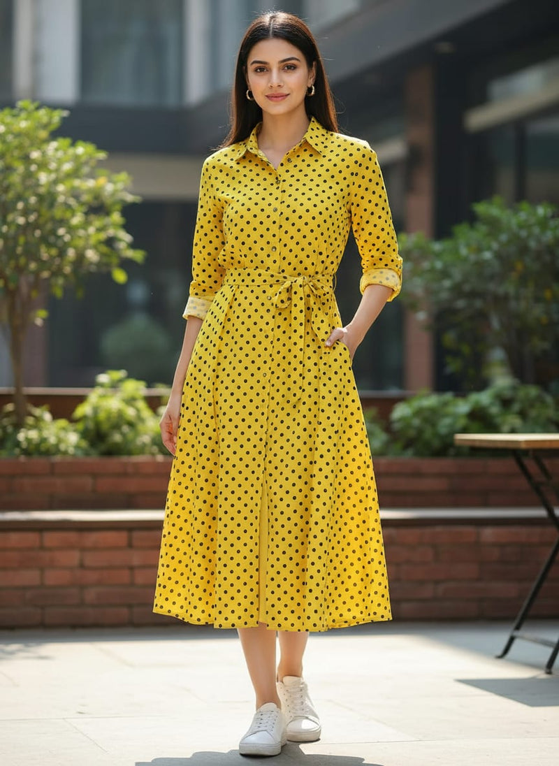 Yellow Classic Black Polka Dot Pure Cotton Digital Printed Fabric