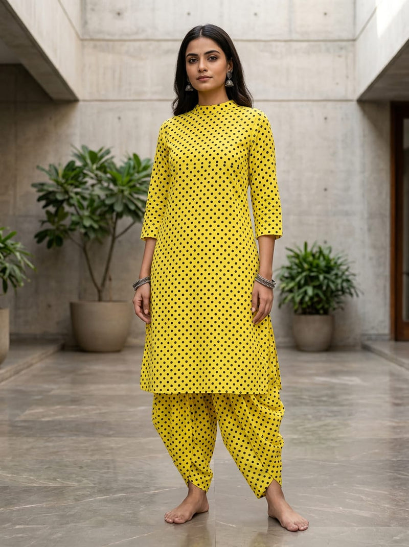 Yellow Classic Black Polka Dot Pure Cotton Digital Printed Fabric