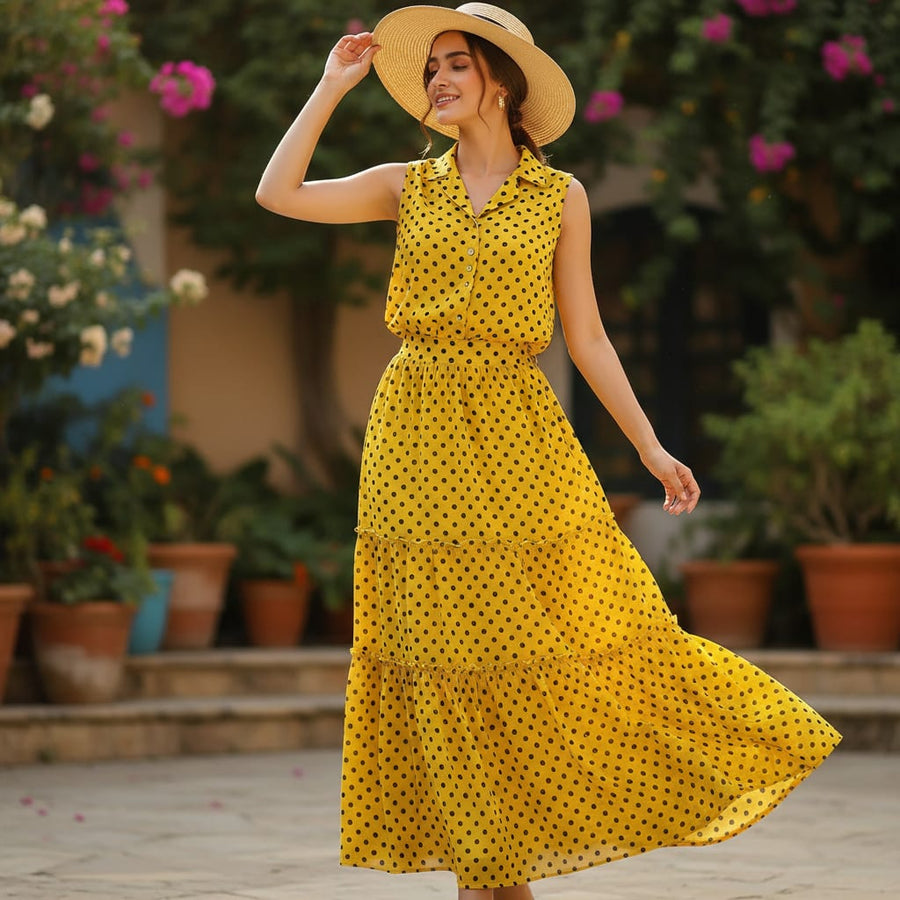 Yellow Polka Dot Digital Printed Fabric - Pure Georgette