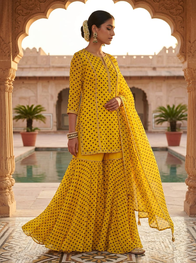 Yellow Classic Polka Dot Pure Georgette Digital Printed Fabric