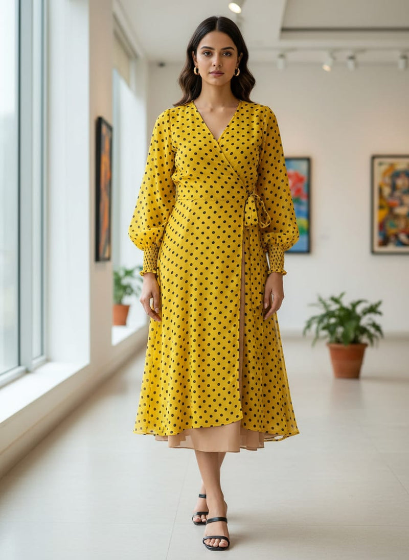 Yellow Polka Dot Digital Printed Fabric - Pure Georgette