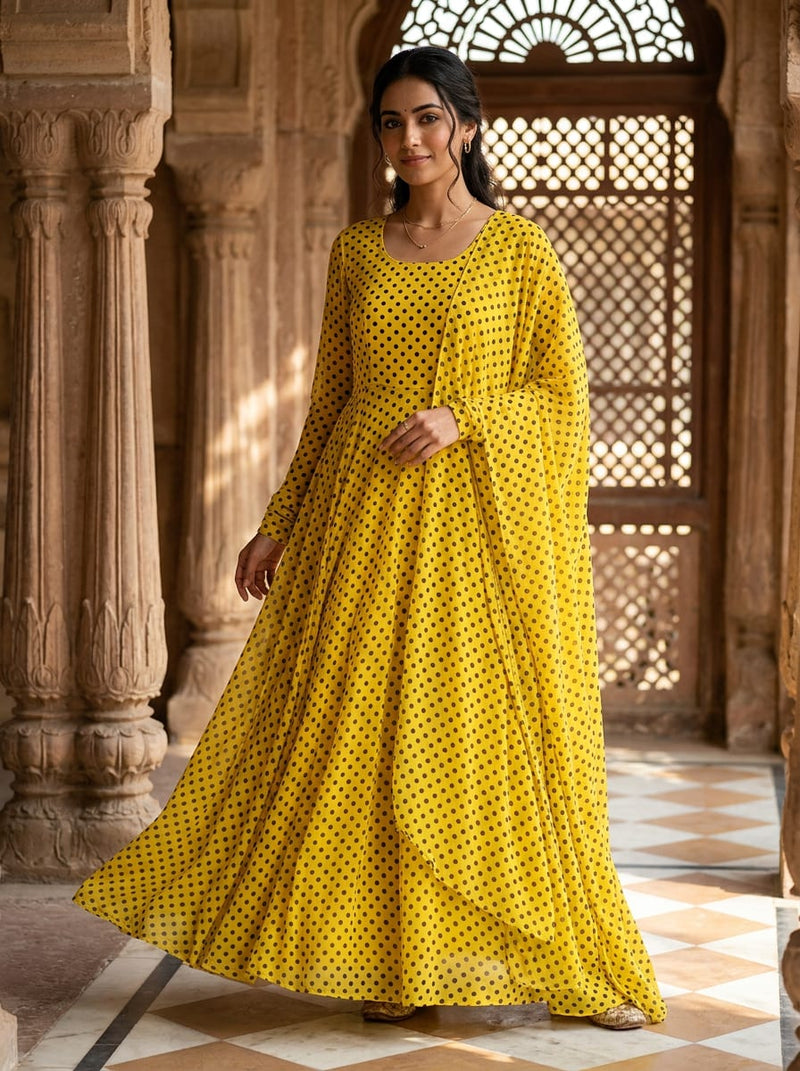 Yellow Classic Polka Dot Pure Georgette Digital Printed Fabric
