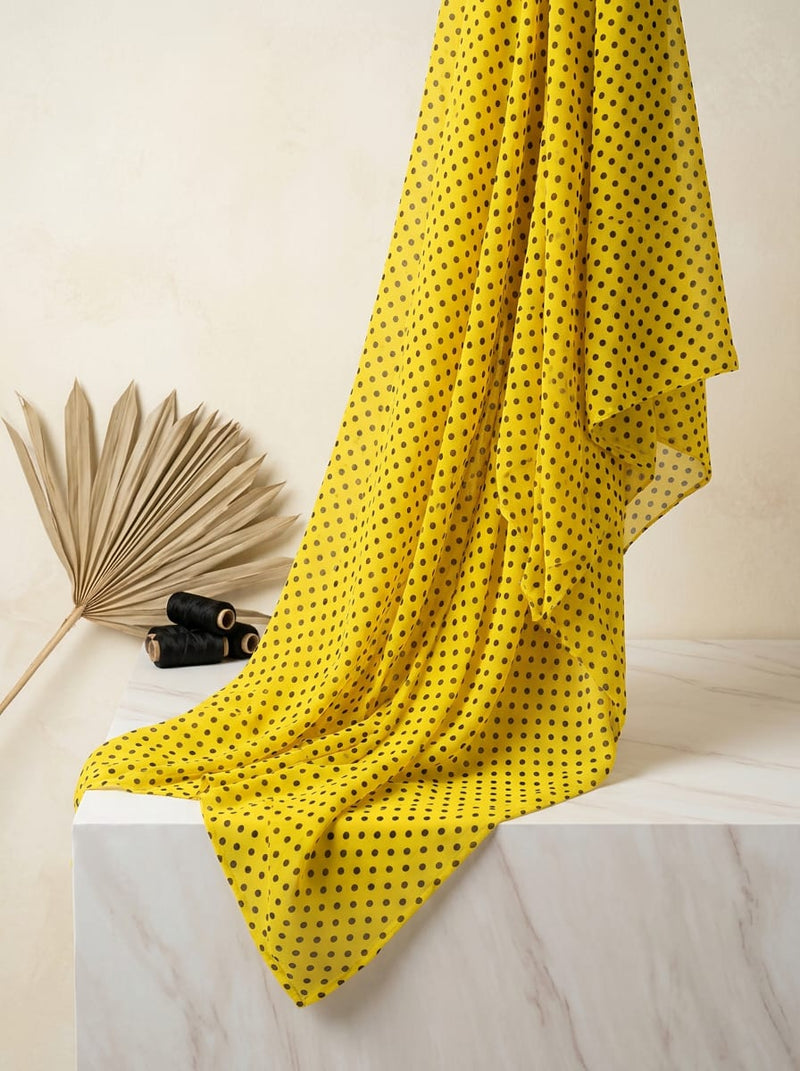 Yellow Classic Polka Dot Pure Georgette Digital Printed Fabric