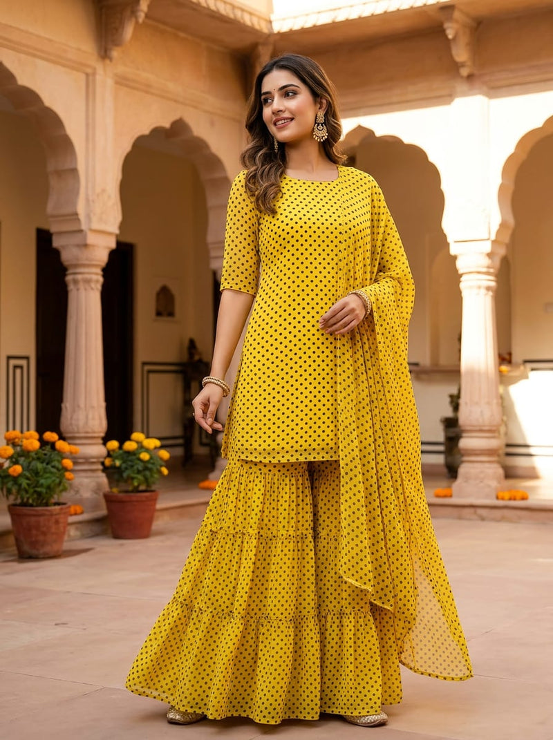Yellow Classic Polka Dot Pure Georgette Digital Printed Fabric
