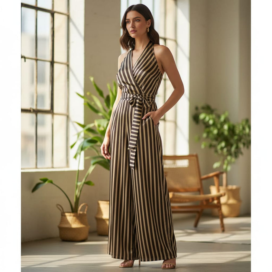 Brown Stripes Digital Printed Fabric - Japan Satin