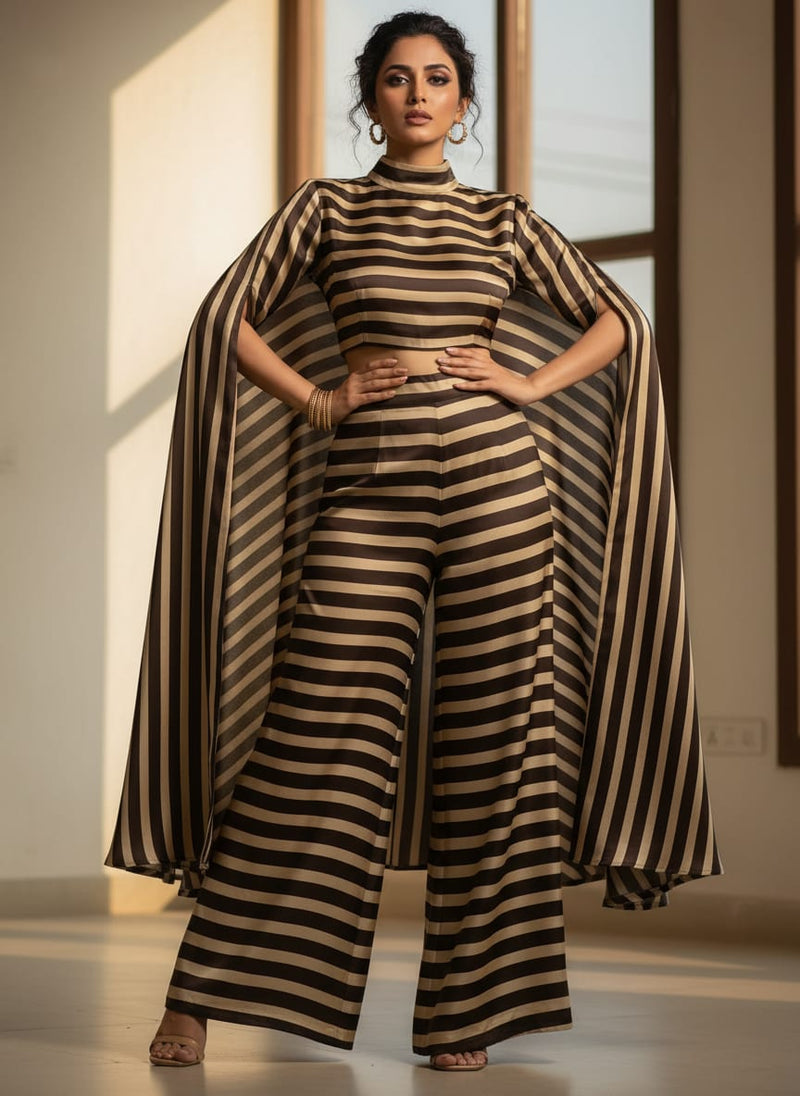 Brown and Cream Bold Stripes Japan Satin Digital Printed Fabric
