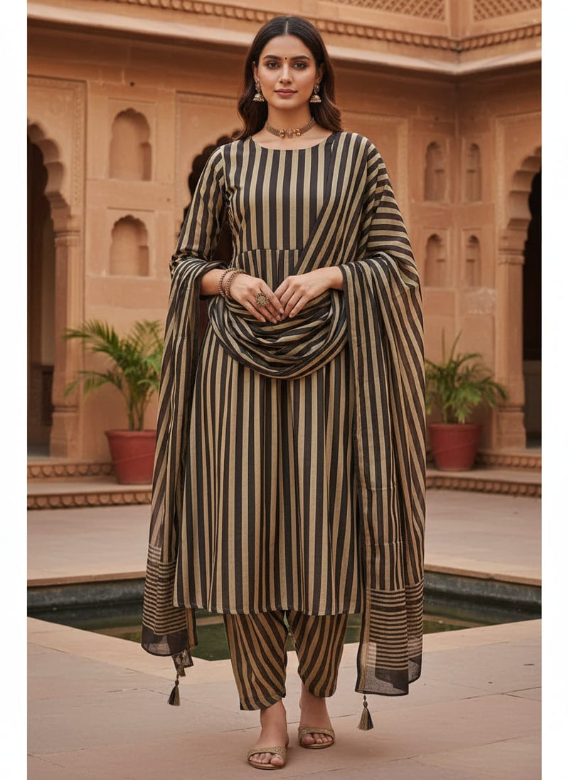 Brown Stripes Digital Printed Fabric - Kora Silk