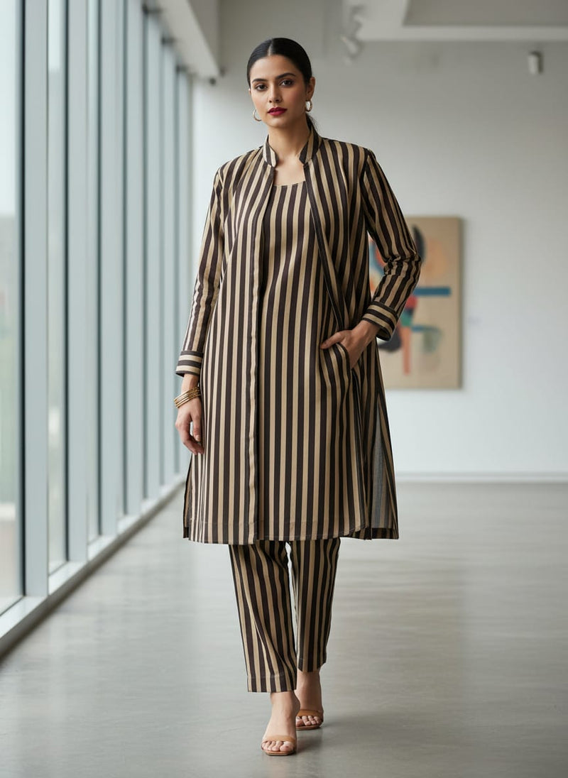 Brown Stripes Digital Printed Fabric - Kora Silk