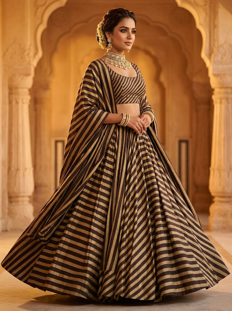 Black and Brown Bold Striped Pattern Kora Silk Digital Printed Fabric