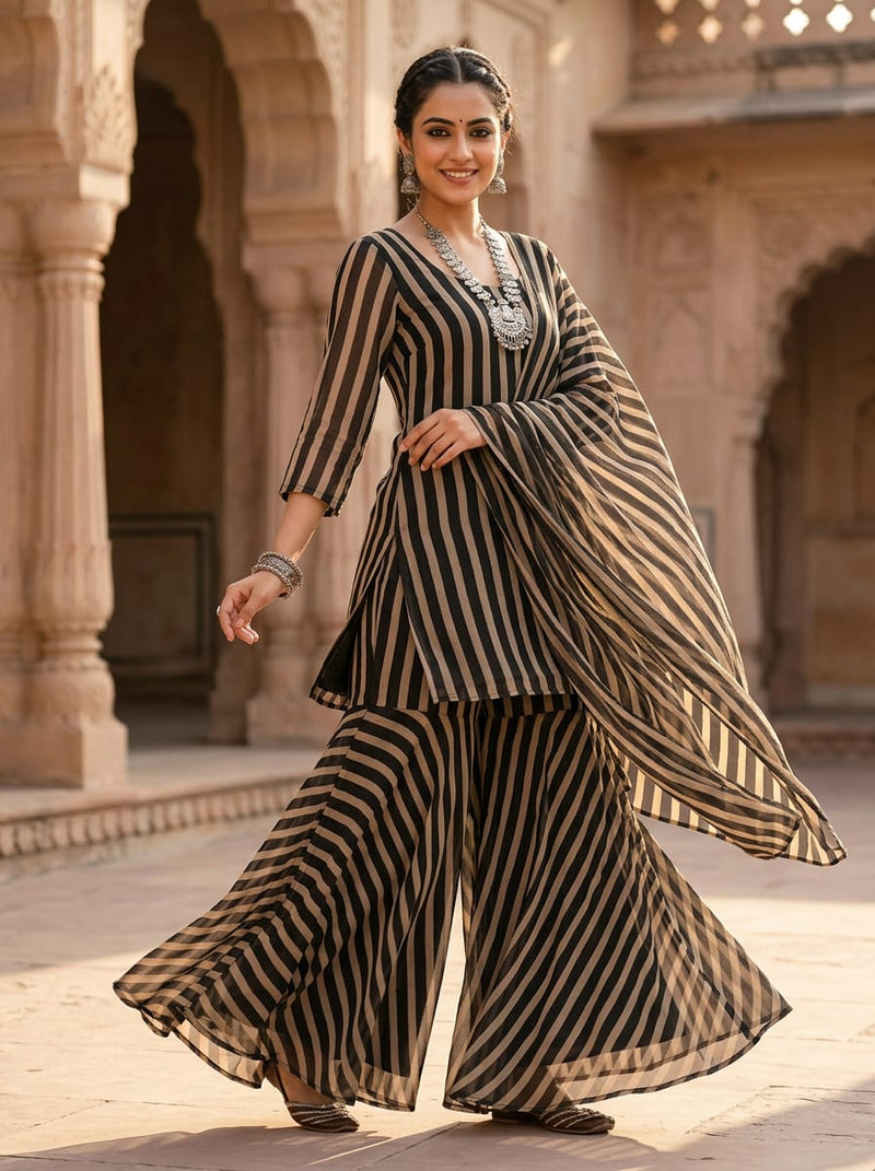 Black and Cream Bold Vertical Stripes Weightless Digital Printed Fabric