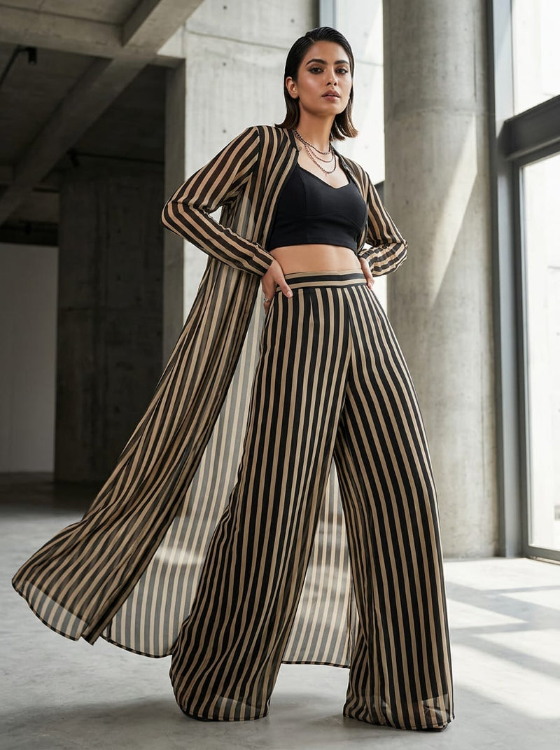 Black and Cream Bold Vertical Stripes Weightless Digital Printed Fabric