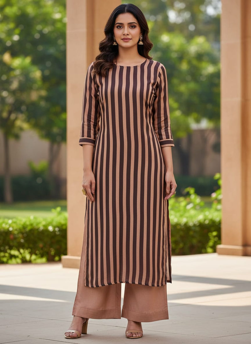 Brown and Peach Wavy Stripes Pure Muslin Digital Printed Fabric