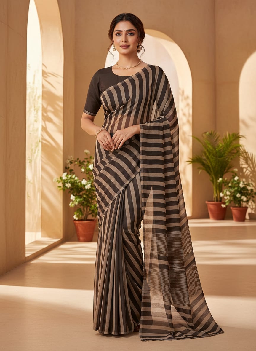 Brown Stripes Digital Printed Fabric - Pure Georgette