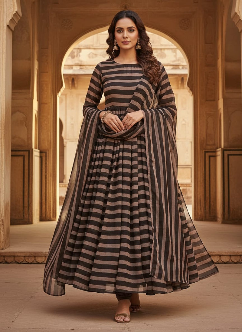 Brown Stripes Digital Printed Fabric - Pure Georgette