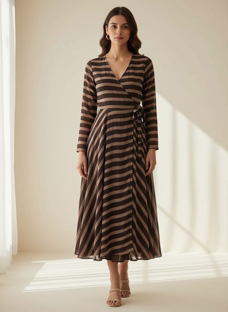 Brown Stripes Digital Printed Fabric - Pure Georgette