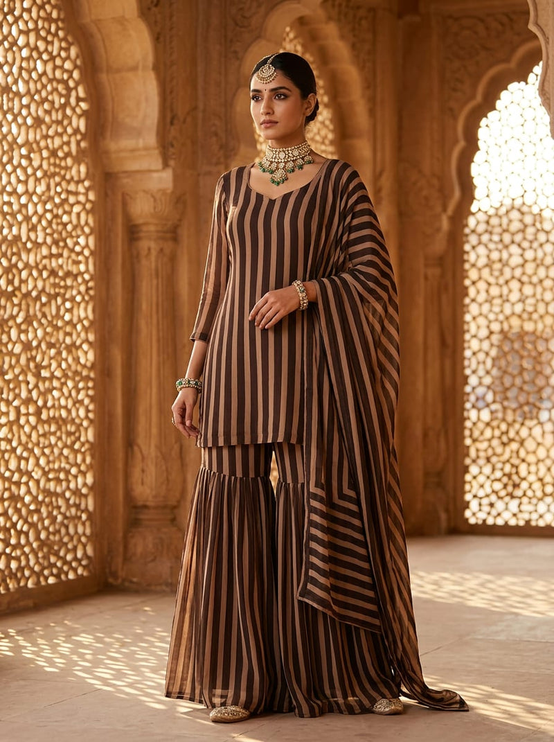 Brown Wavy Stripe Pattern Pure Georgette Digital Printed Fabric