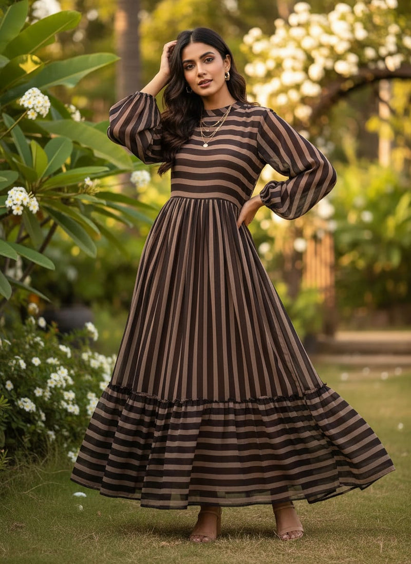 Brown Stripes Digital Printed Fabric - Pure Georgette