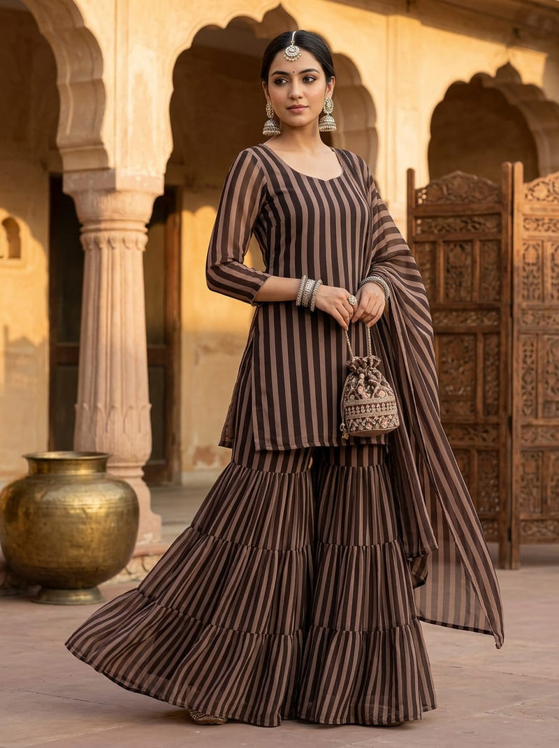 Brown Wavy Stripe Pattern Pure Georgette Digital Printed Fabric