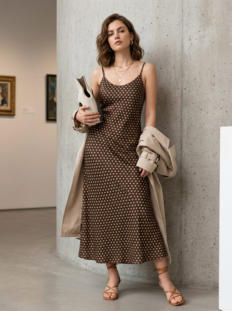 Brown Classic Polka Dot Pattern Japan Satin Digital Printed Fabric