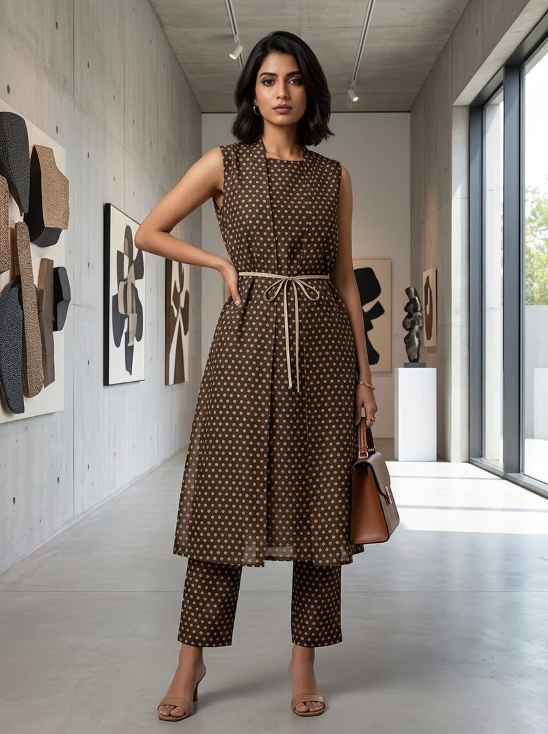Brown Classic Polka Dot Pattern Kora Silk Digital Printed Fabric