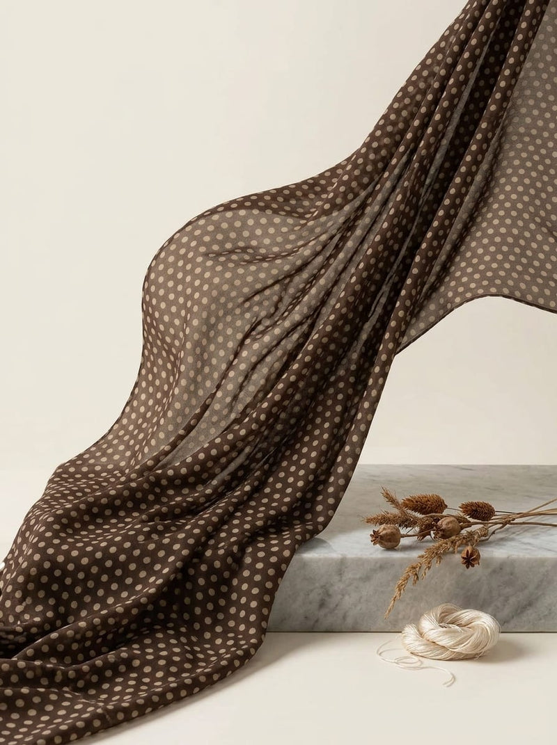 Brown Classic Polka Dot Pattern Kora Silk Digital Printed Fabric