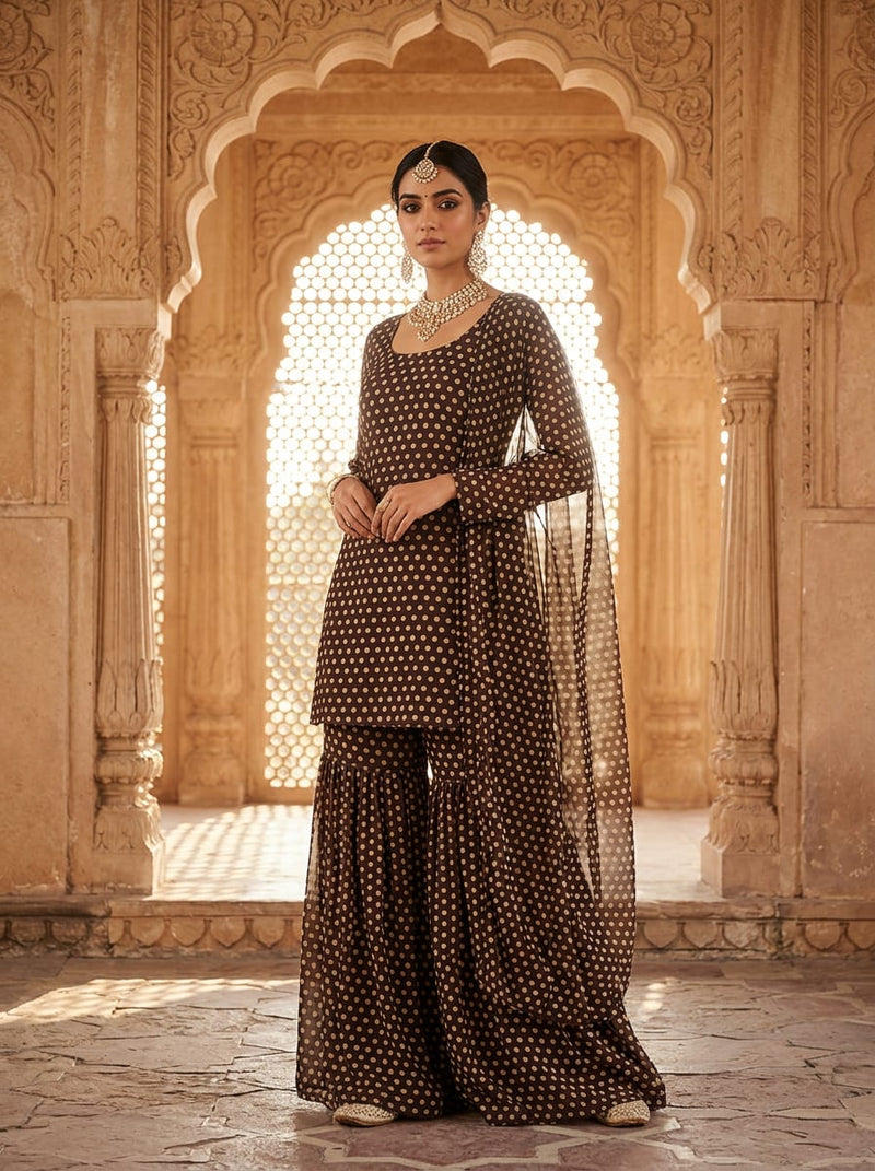 Brown Classic Polka Dot Pure Georgette Digital Printed Fabric