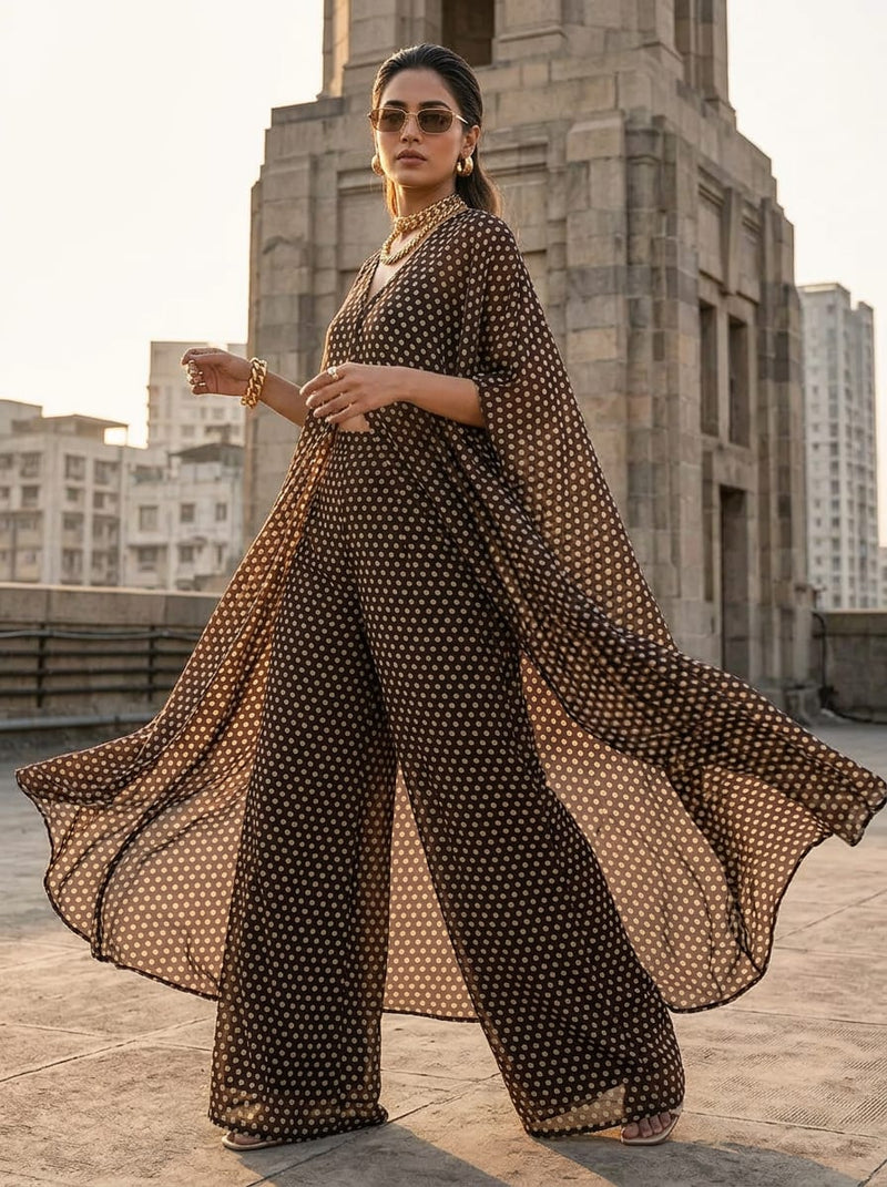 Brown Classic Polka Dot Pure Georgette Digital Printed Fabric