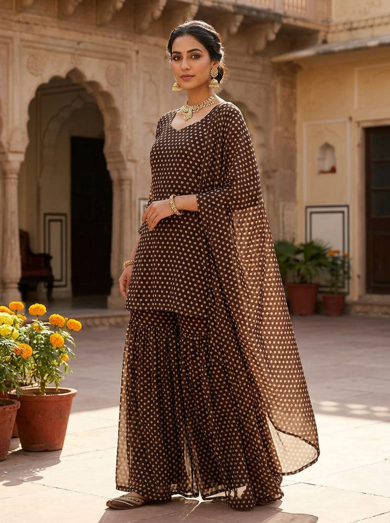 Brown Classic Polka Dot Pure Georgette Digital Printed Fabric
