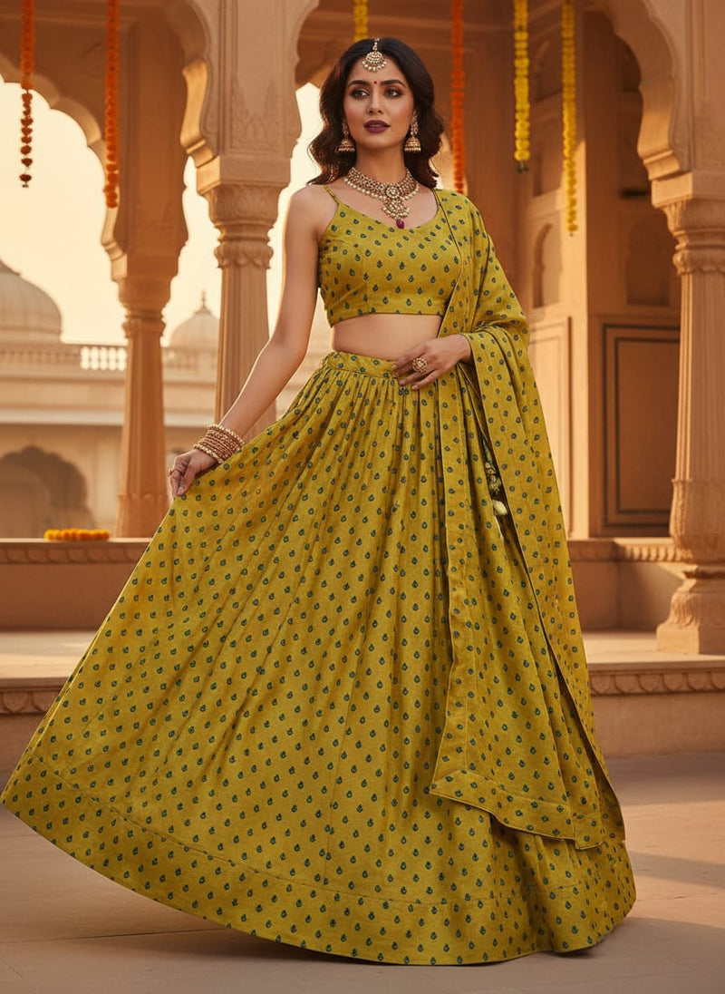 Lemon Yellow Small And Single Motif Allover Digital Printed Fabric - Kora Silk