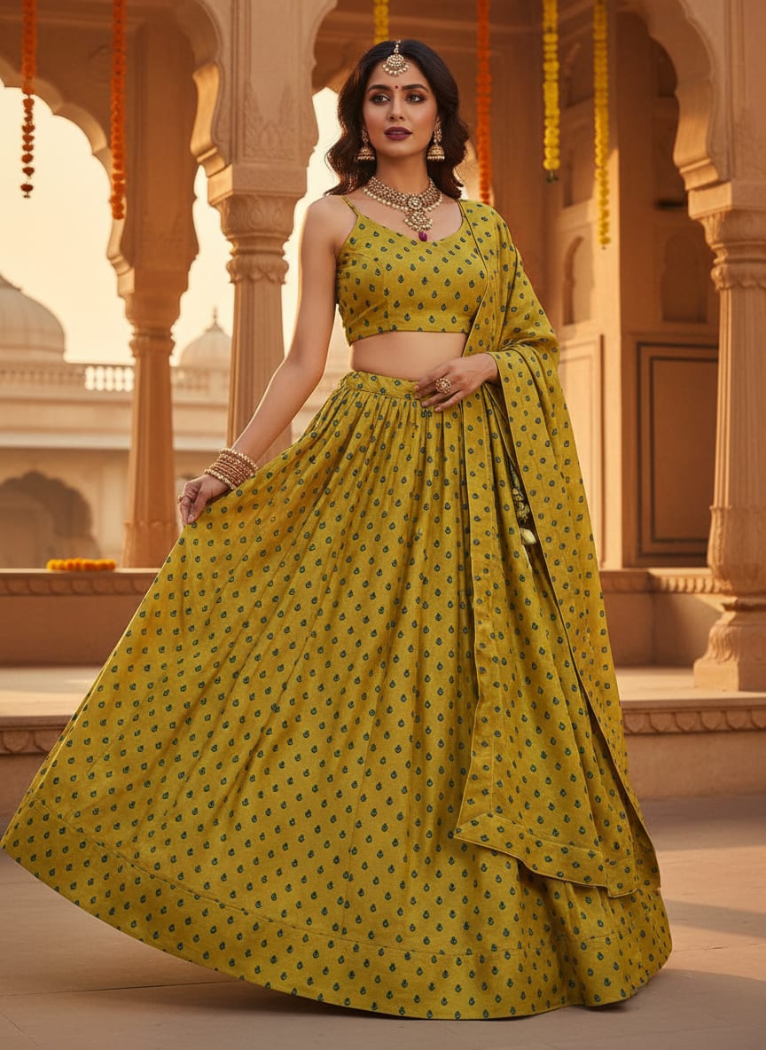 Lemon Yellow Small And Single Motif Allover Digital Printed Fabric - Kora Silk