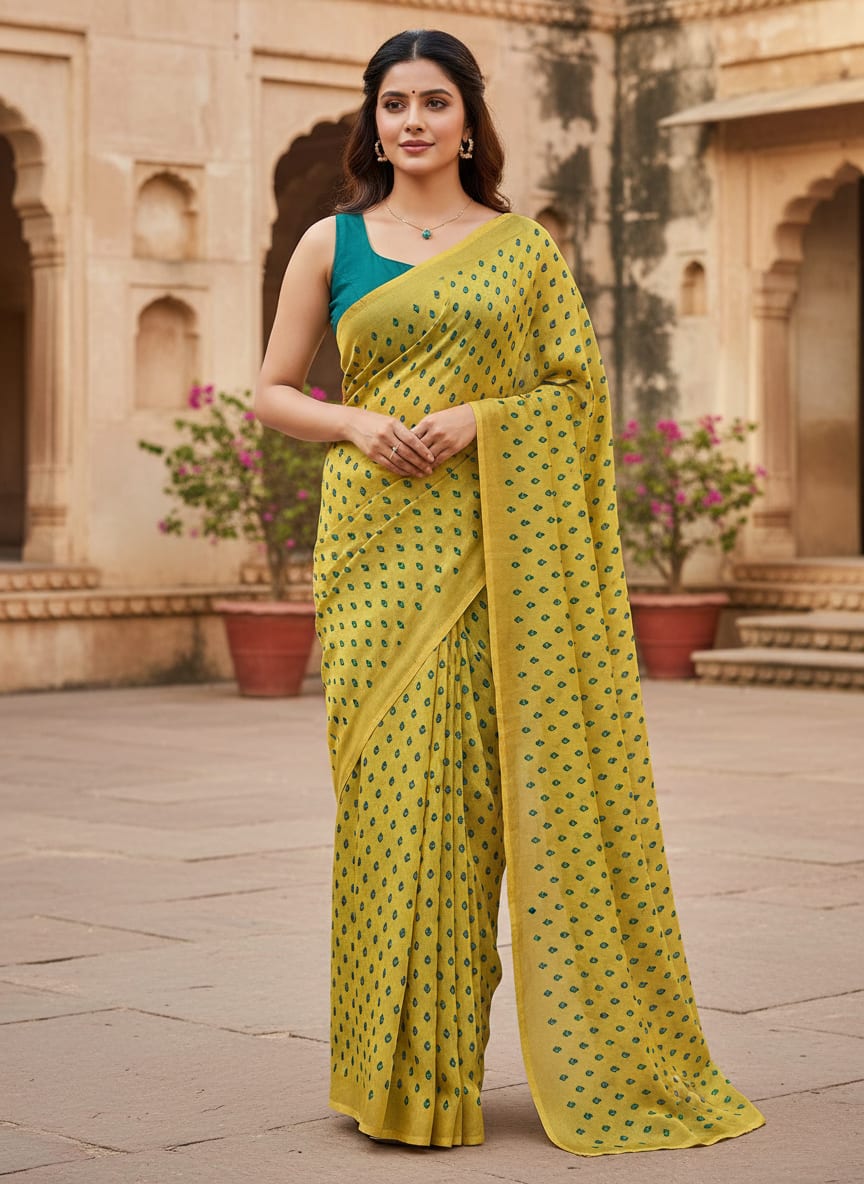 Lemon Yellow Small And Single Motif Allover Digital Printed Fabric - Kora Silk