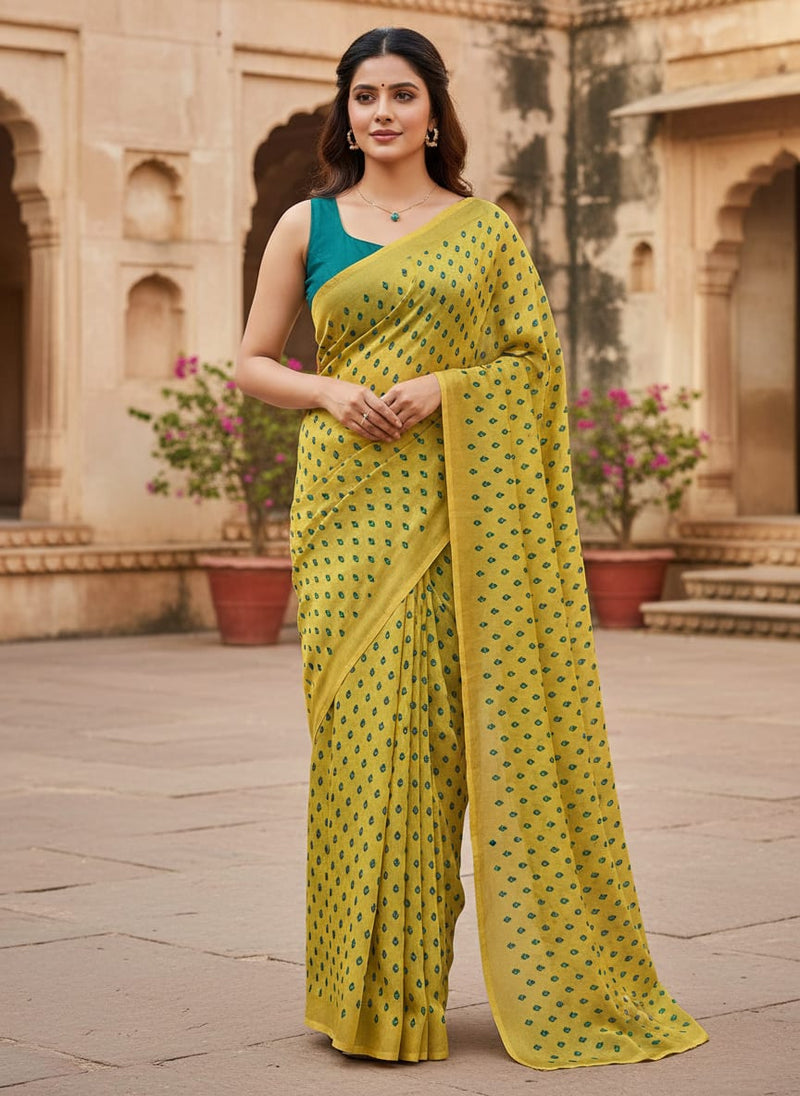 Lemon Yellow Small And Single Motif Allover Digital Printed Fabric - Kora Silk