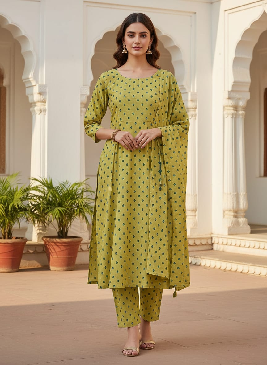 Lemon Yellow Small And Single Motif Allover Digital Printed Fabric - Kora Silk