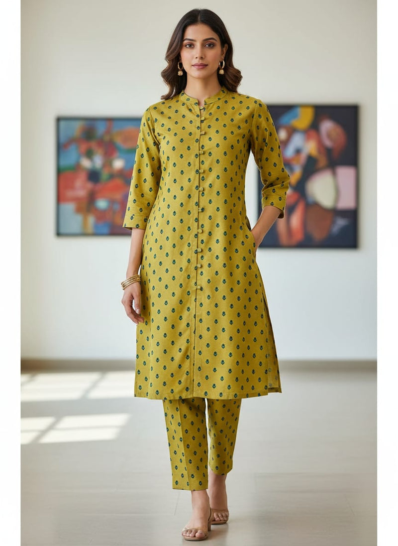 Lemon Yellow Small And Single Motif Allover Digital Printed Fabric - Kora Silk