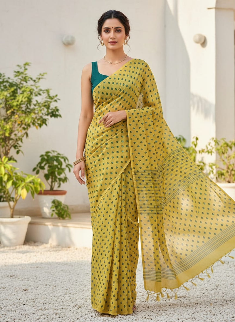 Lemon Yellow Small And Single Motif Allover Digital Printed Fabric - Weightless