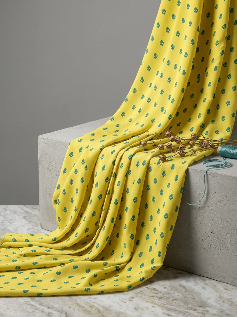 Yellow Small Botanical Bud Print Weightless Digital Printed Fabric