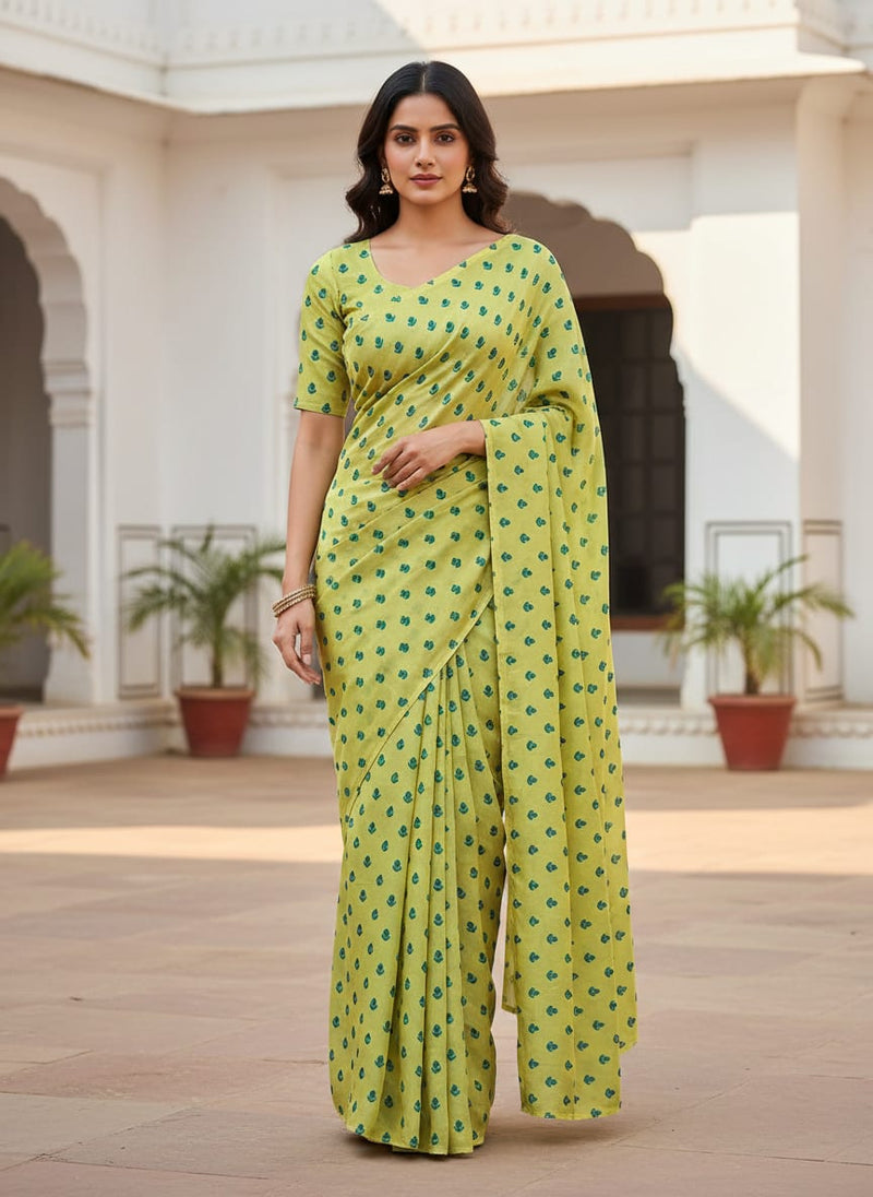 Lemon Yellow Small And Single Motif Allover Digital Printed Fabric - Crepe