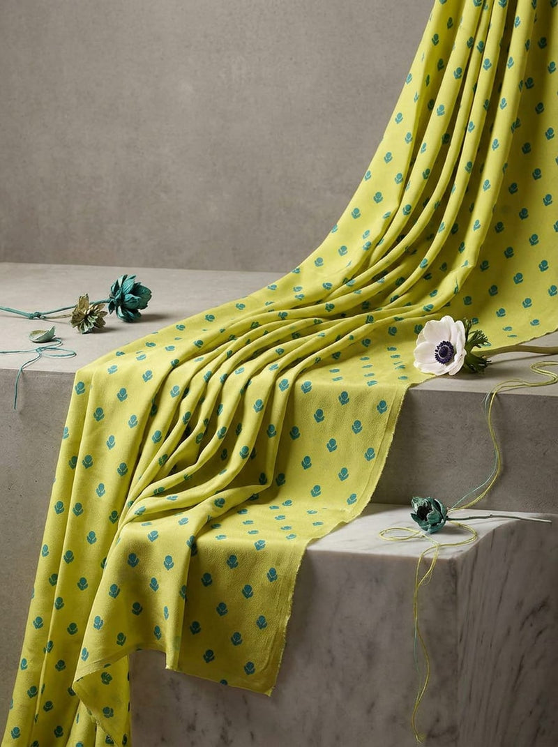Yellow Small Floral Buti Motif Silk Crepe Digital Printed Fabric