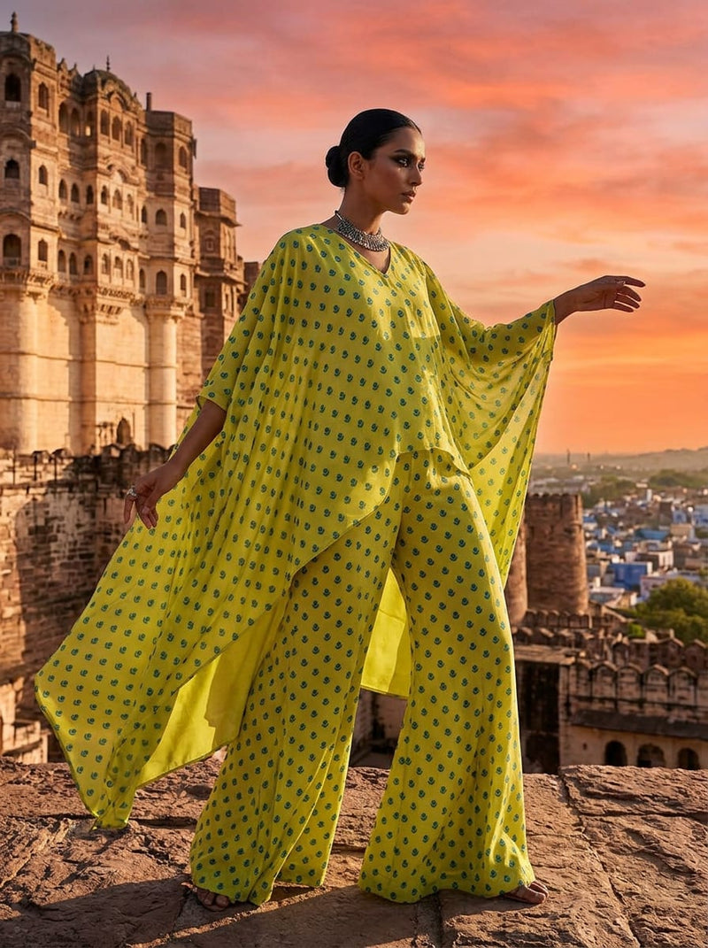 Yellow Small Floral Buti Motif Silk Crepe Digital Printed Fabric