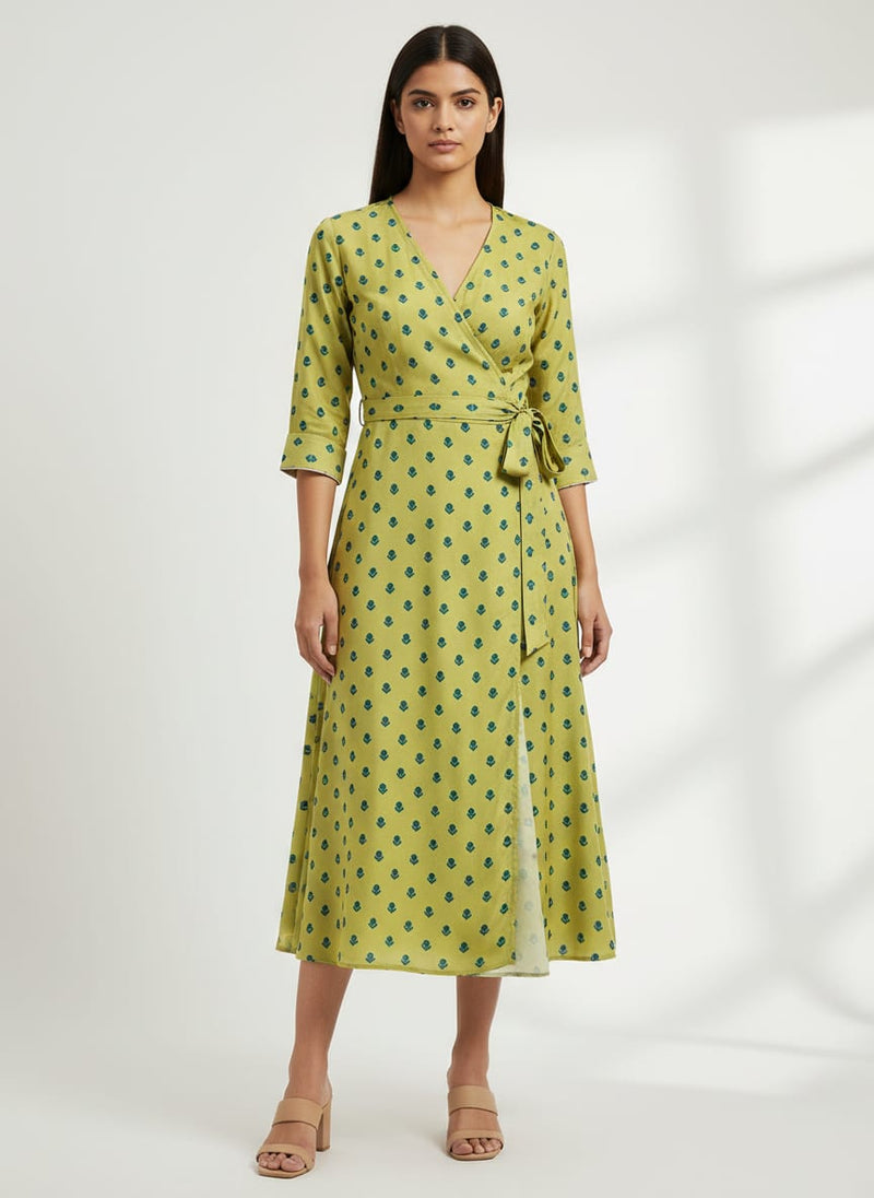 Lemon Yellow Small And Single Motif Allover Digital Printed Fabric - Crepe
