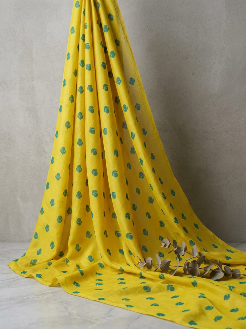 Yellow Small Botanical Motif Pure Muslin Digital Printed Fabric