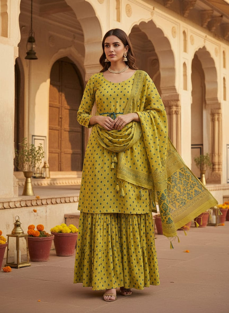 Yellow Small Botanical Buti Print Upada Silk Digital Printed Fabric
