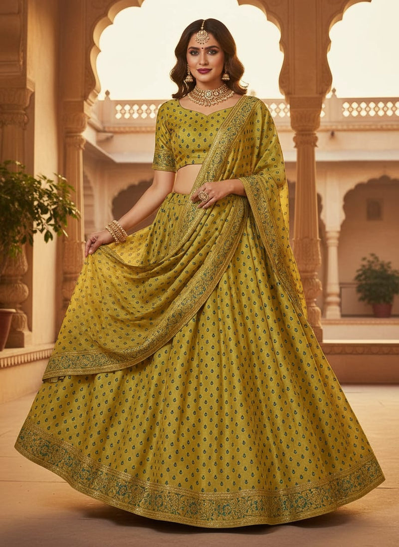 Yellow Small Botanical Buti Print Upada Silk Digital Printed Fabric