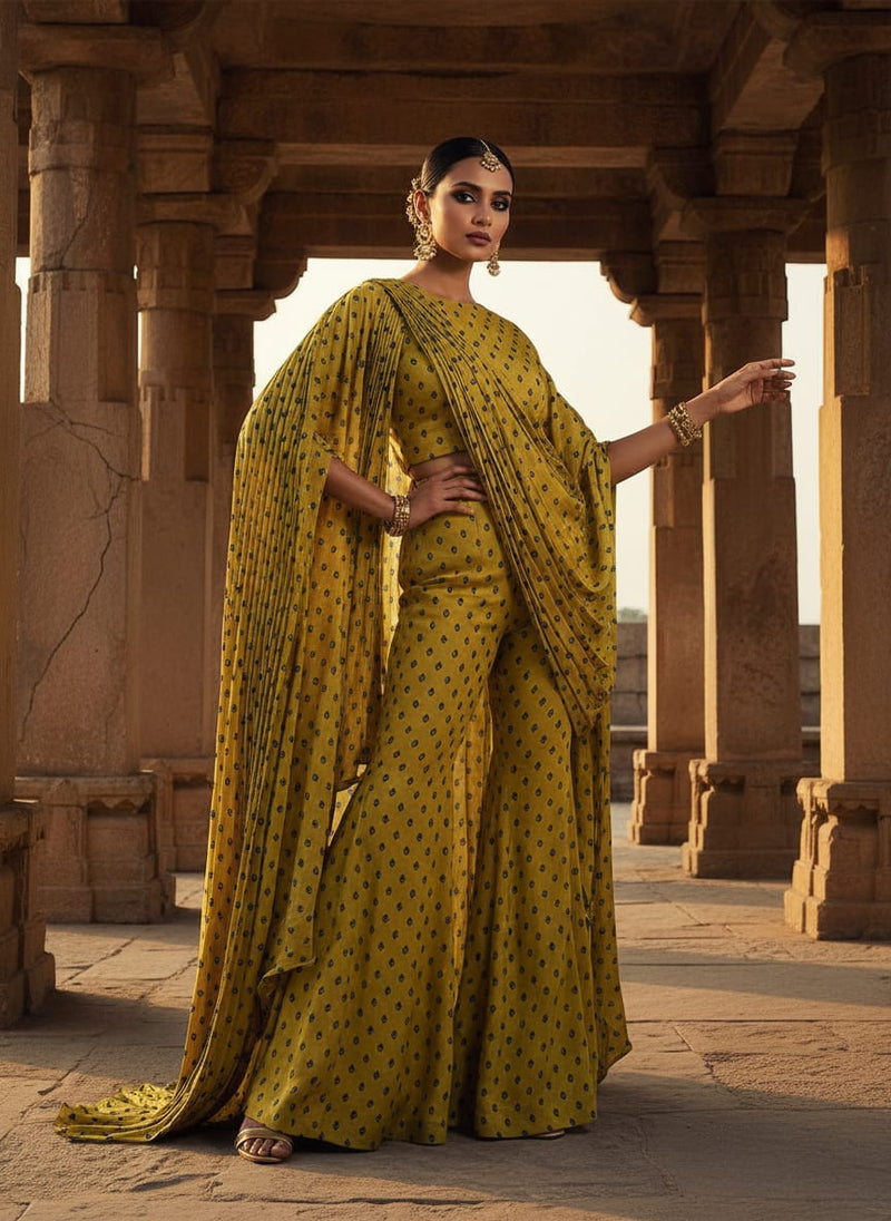 Yellow Small Botanical Buti Print Upada Silk Digital Printed Fabric