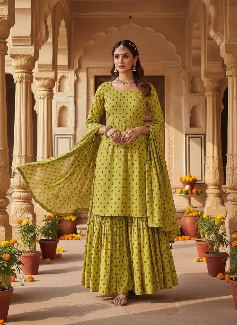 Yellow Small Botanical Buti Print Upada Silk Digital Printed Fabric