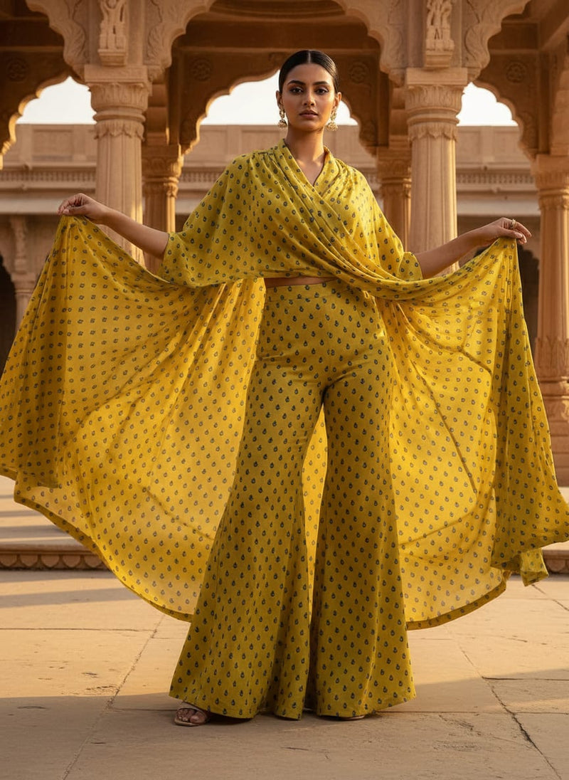 Yellow Small Botanical Buti Print Upada Silk Digital Printed Fabric