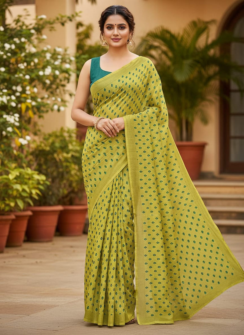 Yellow Small Botanical Buti Print Upada Silk Digital Printed Fabric
