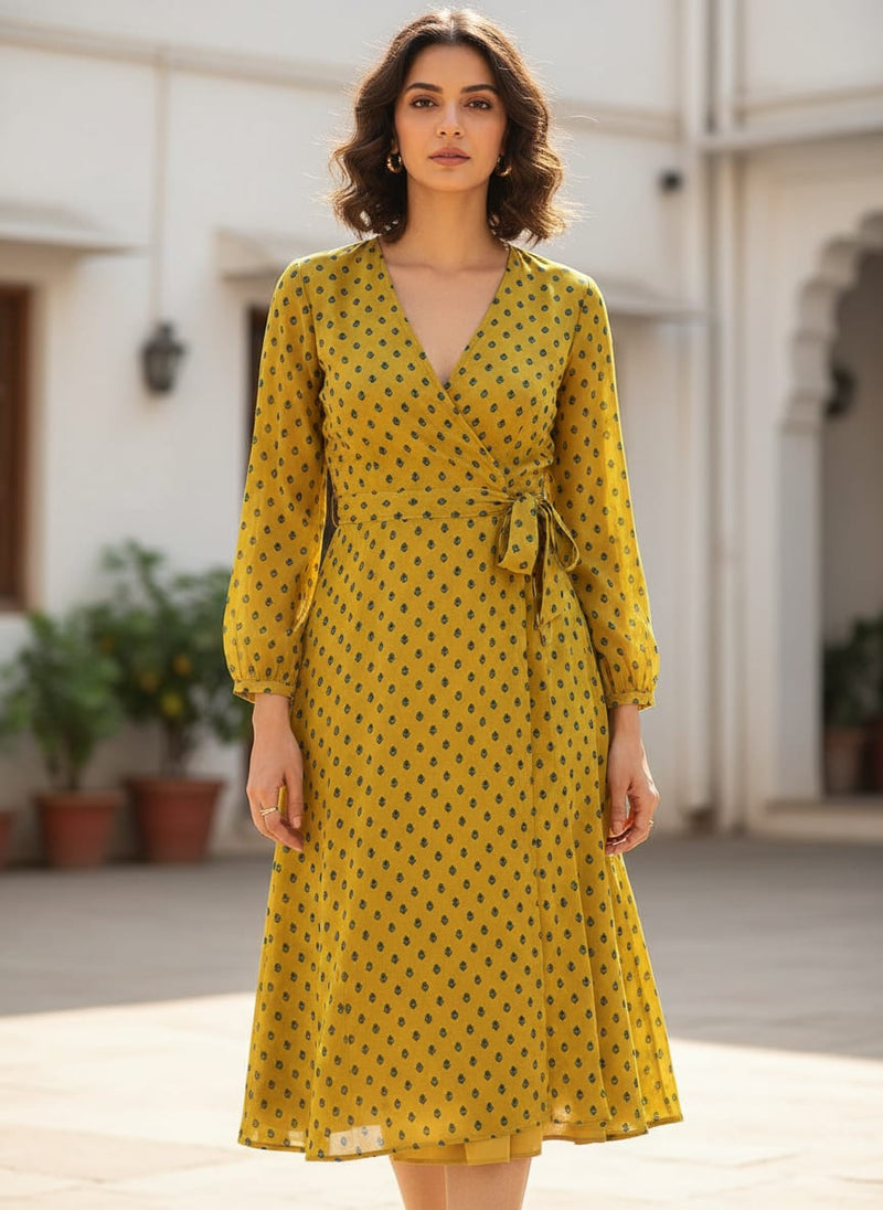 Lemon Yellow Small And Single Motif Allover Digital Printed Fabric - Pure Georgette